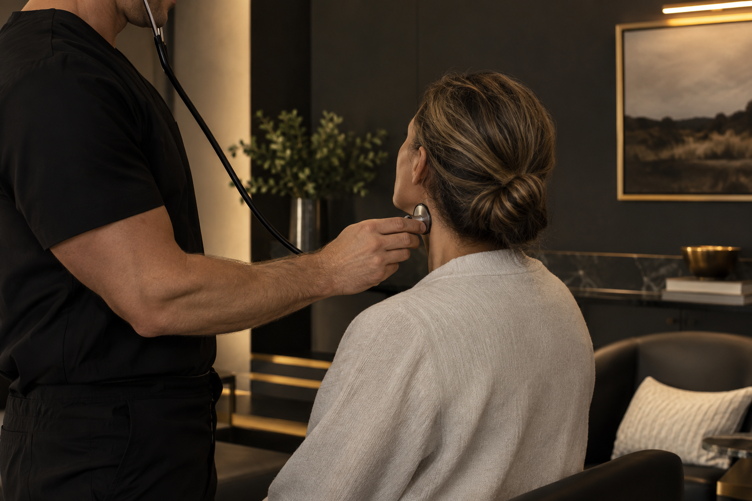 A provider performing a carotid examination during a private cardiovascular assessment